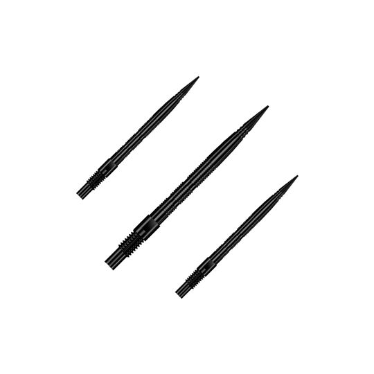Punte per freccette Harrows Quick Point Micro Ridge - Nere Das Bild zeigt ein Set aus schwarzen Dartspitzen mit Rillen. Dieses Zubehör wird für Dartpfeile verwendet.