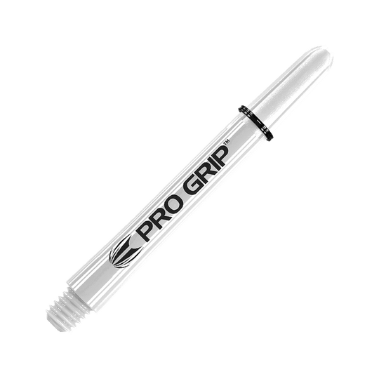 Target Pro Grip Shafts - 3 set - Bianco Dies ist ein weißer Pro Grip Dart-Schaft mit schwarzer Beschriftung. Er hat ein schlankes Design und ist mit einem Pro Grip Logo versehen.