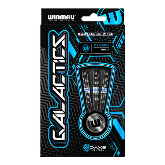 Dardi d'acciaio Winmau Galactics Das Bild zeigt die Verpackung der Winmau Galactics Steeldarts. In der Mitte sind drei Darts mit schwarzen und blauen Akzenten zu sehen.