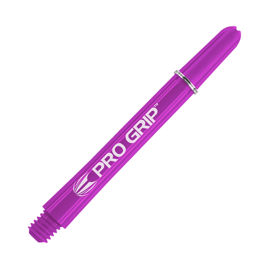 Target Pro Grip Shafts - 3 set - Viola Das Bild zeigt einen lilafarbenen Dart-Schaft mit der Aufschrift "Pro Grip". Der Schaft ist 48 mm lang und hat ein glänzendes, glattes Design.