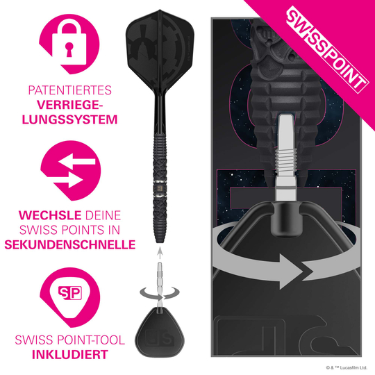 Target Star Wars Darth Vader 95 freccette in acciaio con punta svizzera Dieses Bild zeigt die Target Star Wars Darth Vader 95 Swiss Point Steeldarts. Die Darts sind im Star Wars Design mit Darth Vader-Motiv gestaltet.
