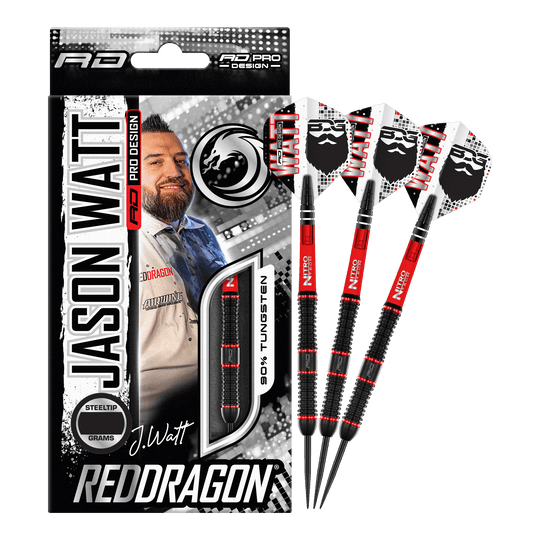 Freccette in acciaio Red Dragon Jason Watt - 22 g Das Bild zeigt das Produkt "Red Dragon Jason Watt Steeldarts - 22g" in seiner Verpackung. Rechts daneben sind drei Steeldarts mit schwarzem und rotem Design zu sehen.