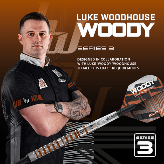 Freccette morbide Luke Woodhouse Series 3 di Harrow - 18 g Harrows Luke Woodhouse Series 3 Softdarts - 18g ist auf dem Bild zu sehen. Diese Softdarts wiegen 18 Gramm.