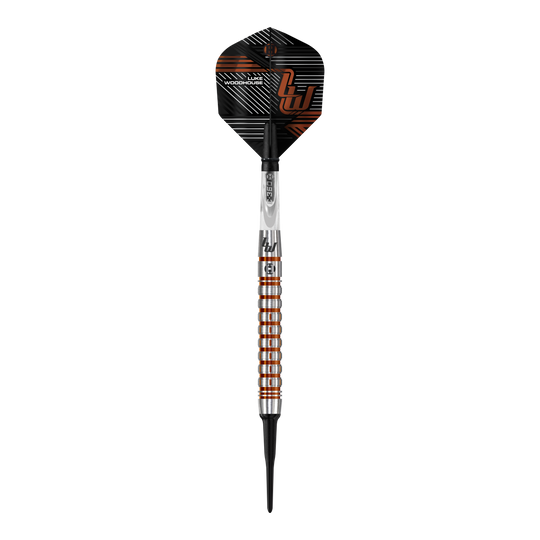 Freccette morbide Luke Woodhouse Series 2 di Harrow - 18 g Das Bild zeigt den Harrows Luke Woodhouse Series 2 Softdart mit einem Gewicht von 18g. Der Dartpfeil hat ein modernes, silber-orangenes Design mit schwarzen Akzenten.