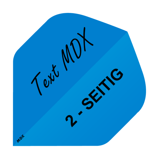 MD-406_2-Seitig_Bedruckte_Flights_Wunschtext_MDX_Blau_Standard_1 Das Bild zeigt ein blaues Quadrat mit der Aufschrift „Text MDX“ und „2-SEITIG“. Es handelt sich um das Produkt „10 Satz Bedruckte Flights 2-Seitig - Wunschtext - MDX Standard“.