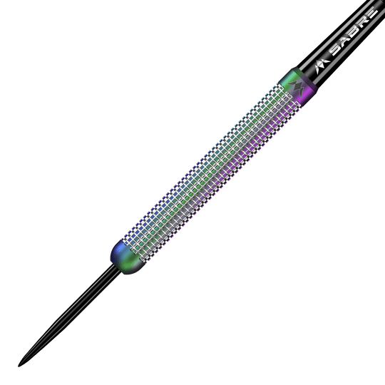 Freccette in acciaio PVD Mission Aurora Coral - 23 g Das Bild zeigt einen Mission Aurora Coral PVD Steeldart mit einem Gewicht von 23g. Der Dart hat eine bunte, glänzende Oberfläche und ist mit feinen Rillen versehen.