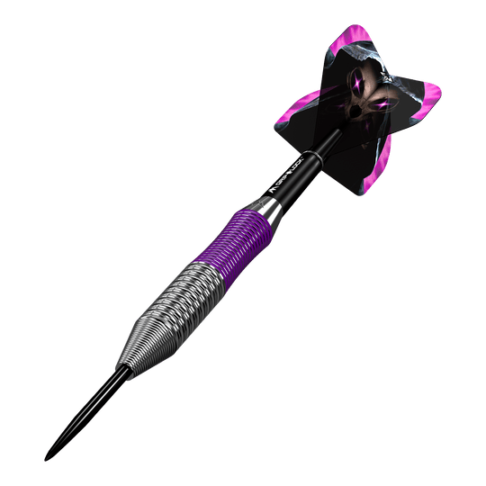 Freccette Mission Phantom in ottone e acciaio - 22 g Dies ist ein Mission Phantom Brass Steeldart mit einem Gewicht von 22 Gramm. Der Dart hat ein metallisches Griffstück mit lila Akzenten und einen auffälligen Flight mit einem schwarzen und lila Design.