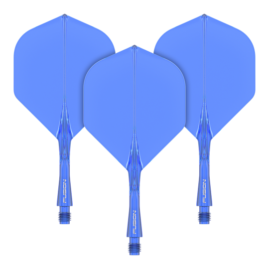Sistema di alberi di volo Winmau Fusion Standard Blu Das Bild zeigt drei blaue Dart-Flights mit Schäften des Winmau Fusion Flight Shaft Systems. Sie sind in einer Reihe angeordnet und jeder Schaft ist 22 mm lang.