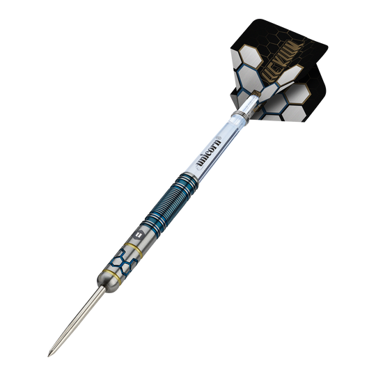 Freccette in acciaio Unicorn Hexium Style 02 blu e oro Das Foto zeigt die Unicorn Hexium Style 02 Blue & Gold Steeldarts. Es handelt sich um hochwertige Steeldarts in Blau und Gold.