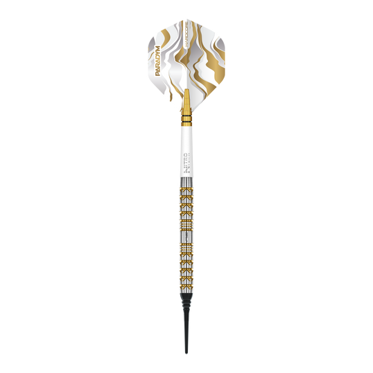 Freccette morbide parallele Red Dragon Paradym Gold - 20 g Das Bild zeigt die Red Dragon Paradym Gold Parallel Softdarts mit einem Gewicht von 20g. Die Darts sind goldfarben und haben ein modernes Design.
