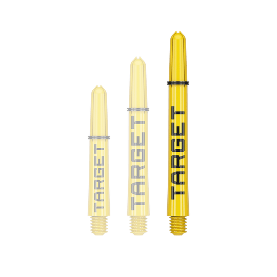 Aste Target Pro Grip TAG - 3 set - Giallo Das Bild zeigt drei gelbe Dartschäfte in verschiedenen Längen. Auf jedem Schaft steht das Wort "TARGET" in schwarzer Schrift.