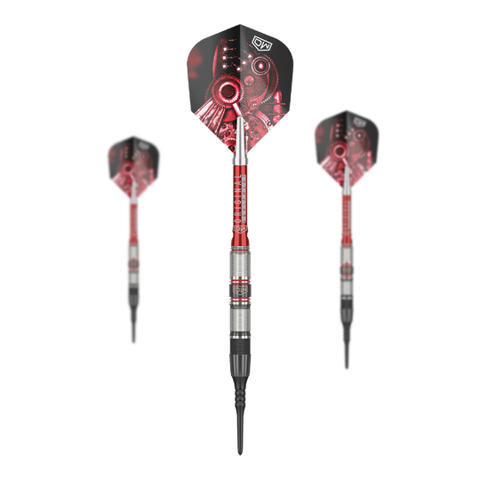 Freccette morbide DW Piranha Razor 02 Das Bild zeigt drei Softdarts des Produkts „DW Piranha Razor 02“. Die Darts haben ein schwarzes und rotes Design mit metallischen Elementen.