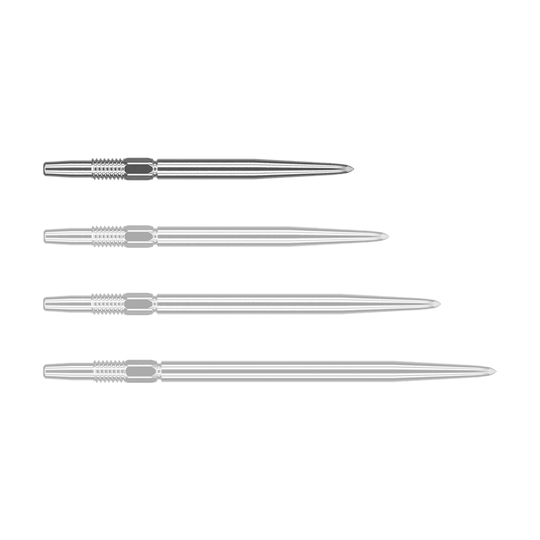 Punte per freccette Target Swiss Point Silver Das Bild zeigt vier silberne Dartspitzen, die nebeneinander liegen. Jede Spitze hat ein geriffeltes Ende und ist schlank und spitz zulaufend.