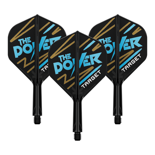Sistema di alberi di volo standard Target K-Flex Phil Taylor No2 Auf dem Bild sind drei Dartflights mit schwarzem Hintergrund zu sehen. Auf den Flights steht in blauer und weißer Schrift "THE POWER" und unten "TARGET".