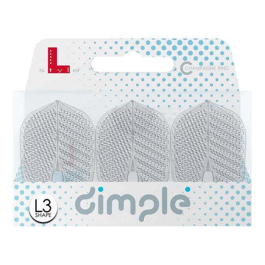 Alette stile L Dimple Champagne L3PRO Shape Das Bild zeigt eine Verpackung mit drei L-Style Flights Dimple im L3PRO Shape. Die Verpackung ist weiß mit blauen Punkten und trägt den Schriftzug "dimple".