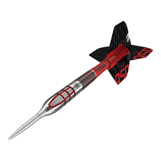 Freccette in acciaio Target Nathan Aspinall GEN2 Swiss Point Das Bild zeigt einen modernen Steeldartpfeil mit silberner Spitze und rot-schwarzem Schaft. Auf den Flights steht in roten Buchstaben "THE ASP".