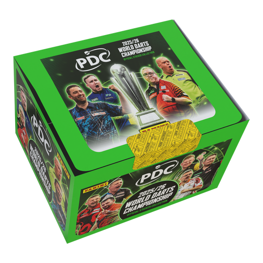 Panini PDC World Darts Championship 2025/26 - Scatola di adesivi con 65 pacchetti Zu sehen ist die Panini PDC World Darts Championship 2025/26 Stickerbox mit 65 Tüten. Die Stickerbox enthält viele Tüten zum Tauschen und Kleben.