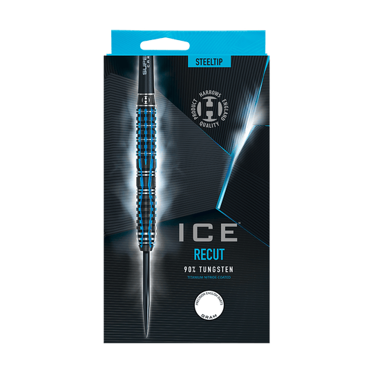 HA28917_Harrows_Ice_Recut_Steeldarts_3 Das Bild zeigt die Verpackung der "Harrows Ice Recut Steeldarts". Der Dartpfeil besteht zu 90 % aus Wolfram und ist mit blauen Akzenten gestaltet.