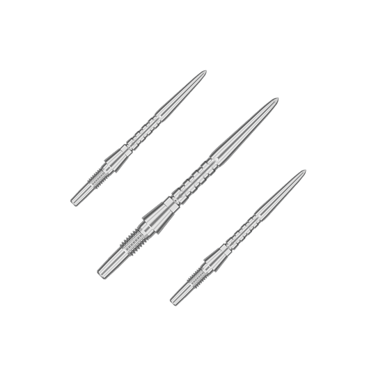 Punte per freccette in acciaio Target Swiss Point Storm Surge - argento Auf dem Bild sind drei silberne Steeldartspitzen abgebildet. Sie sind schmal, metallisch und haben ein präzises, geriffeltes Design.