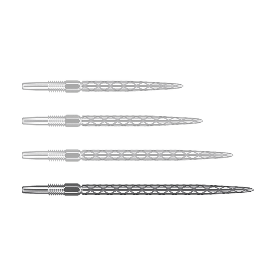 Punte per freccette Target Swiss Diamond Pro Silver Points Auf dem Bild sind vier silberne Dartspitzen mit einem rautenförmigen Muster zu sehen. Sie liegen waagerecht und sind gleichmäßig angeordnet.