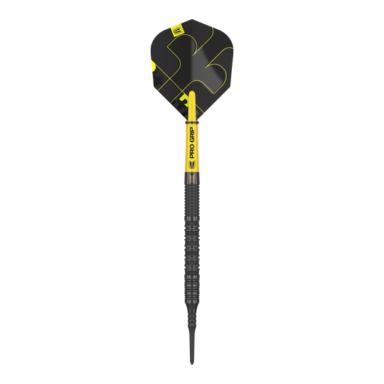 Target Bolide Void 10 freccette morbide Das Bild zeigt einen Target Bolide Void 10 Softdartpfeil. Der Pfeil ist schwarz mit gelben Akzenten und hat einen Pro Grip Schaft.