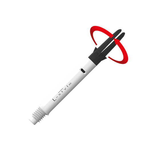 L-L-Style-Shaft Carbon Silent Straight - Bianco Dies ist ein weißer Carbon-Schaft für Dartpfeile der Marke L-Style. Der obere schwarze Teil kann sich drehen, wie durch den roten Pfeil angezeigt.