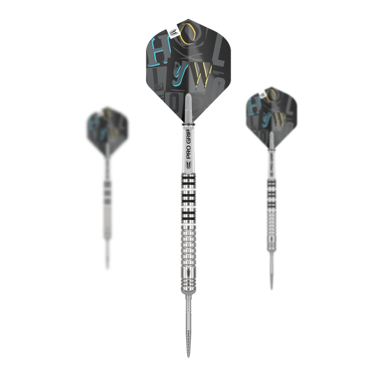 Freccette in acciaio Chris Dobey GEN1 Swiss Point Das Bild zeigt drei Steeldarts des Modells "Target Chris Dobey GEN1 Swiss Point". Die Darts haben silberne, gerillte Barrels und schwarze Flights mit bunten Buchstaben.