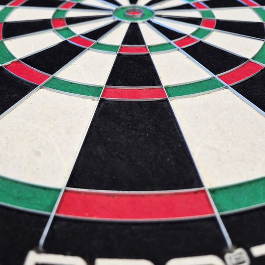 Bersaglio per freccette in acciaio Harrows Quadro 240 Das Bild zeigt eine Nahaufnahme des Harrows Quadro 240 Steeldartboards. Die Farbfelder in Schwarz, Weiß, Rot und Grün sind deutlich zu erkennen.