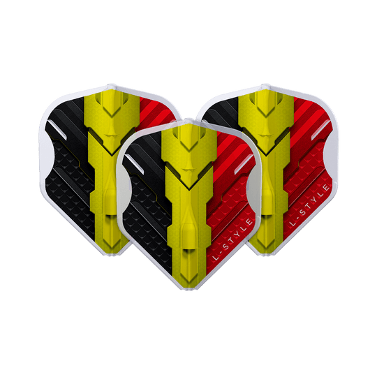 Alette L-Style V-Series V1 Tipo C Belgio Bianco Trasparente L1EZ Das Bild zeigt drei Dart-Flights des Modells "L-Style V-Series V1 Type C Belgium Clear White L1EZ Flights". Die Flights sind in den Farben Schwarz, Gelb und Rot gestaltet und zeigen ein modernes Design.