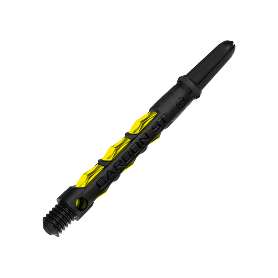 HR421_Harrows_Carbon_ST_Shafts_Gelb_47mm_2 Das Bild zeigt einen Harrows Carbon ST Shaft in der Farbe Gelb. Der Schaft ist schwarz mit gelben Akzenten und hat die Aufschrift "CARBON ST".