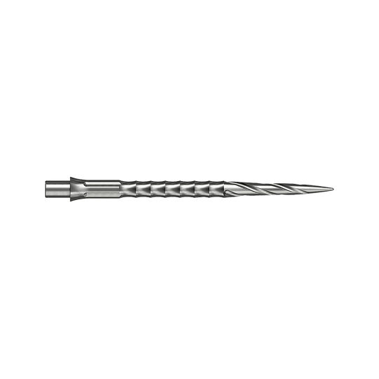 Punte per freccette in acciaio Caliburn System - Spiro - NoLip - argento Zwei silberne Steeldartspitzen im Spiro NoLip Design sind zu sehen. Sie sind 36 mm lang und liegen nebeneinander.