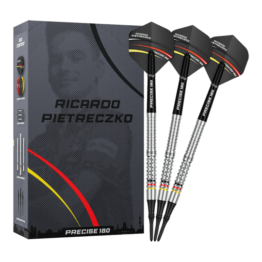 Freccette morbide di precisione 180 Ricardo Pietreczko GEN1 Gezeigt werden die Precise 180 Ricardo Pietreczko GEN1 Softdarts. Diese Softdarts zeichnen sich durch ihre Präzision aus.