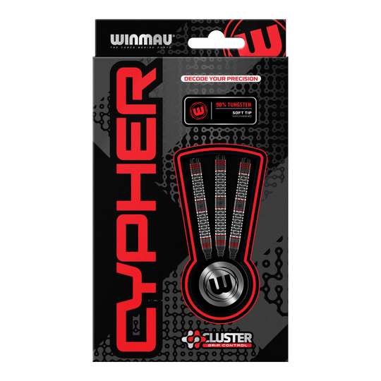 Freccette morbide Winmau Cypher - 20 g Die Abbildung zeigt die Verpackung der Winmau Cypher Softdarts mit 20 Gramm Gewicht. Die Darts bestehen zu 90% aus Wolfram und verfügen über spezielle Griffkontrolle.