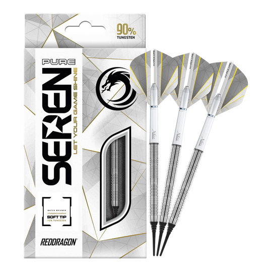 Red Dragon Seren 1 Freccette morbide pure - 20 g Die Abbildung zeigt die "Red Dragon Seren 1 Pure Softdarts - 20g" mit drei silbernen Softdarts. Die Verpackung hebt hervor, dass die Darts zu 90 % aus Tungsten bestehen.
