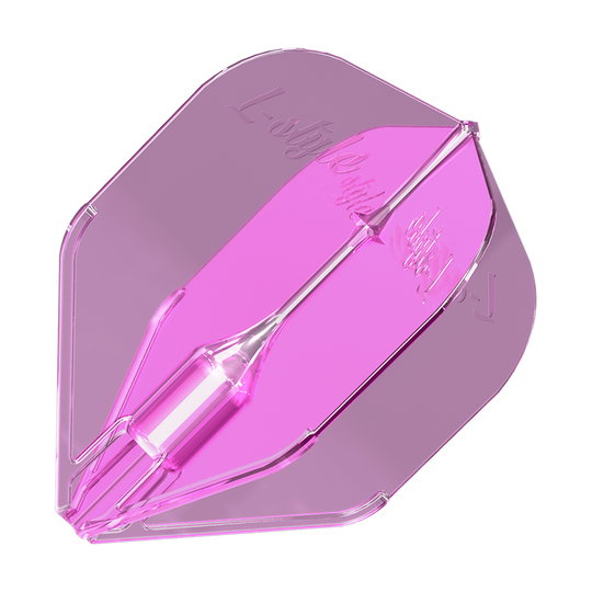 Alette L-Style Fantom L3EZ rosa trasparente Das Bild zeigt ein durchsichtiges, pinkes Dart-Flight mit der Aufschrift „L-style“. Es handelt sich um das Produkt „L-Style Fantom L3EZ Flights Clear Pink“.