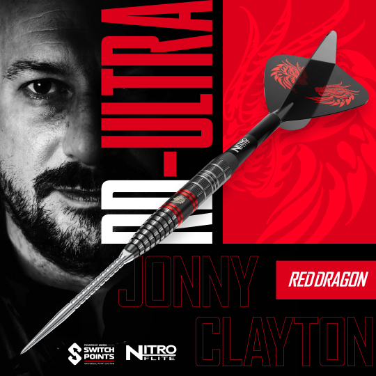 Zu sehen sind die Red Dragon Jonny Clayton RD-ULTRA Switch Point Steeldarts mit 22 Gramm. Die Darts werden aufrecht ausgerichtet dargestellt.
