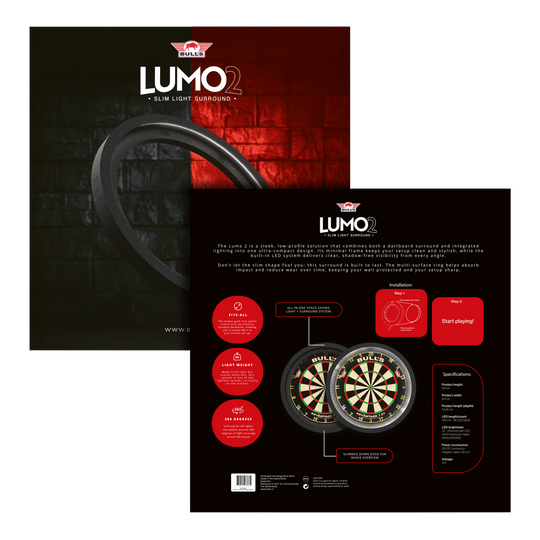 Sistema di illuminazione surround Bulls NL Lumo 2 Light Das Bild zeigt das Produkt "Bulls NL Lumo 2 Light Surround Beleuchtungssystem" für Dartscheiben. Es kombiniert ein schlankes, rundes LED-Lichtsystem mit einem schützenden Surround für bessere Sicht und Schutz beim Dartspielen.