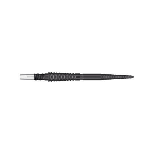 Punte per freccette Target Swiss Storm LNC - Nere Das Bild zeigt eine schwarze Dartspitze mit einer geriffelten Oberfläche. Sie ist schlank und etwa 30 mm lang.