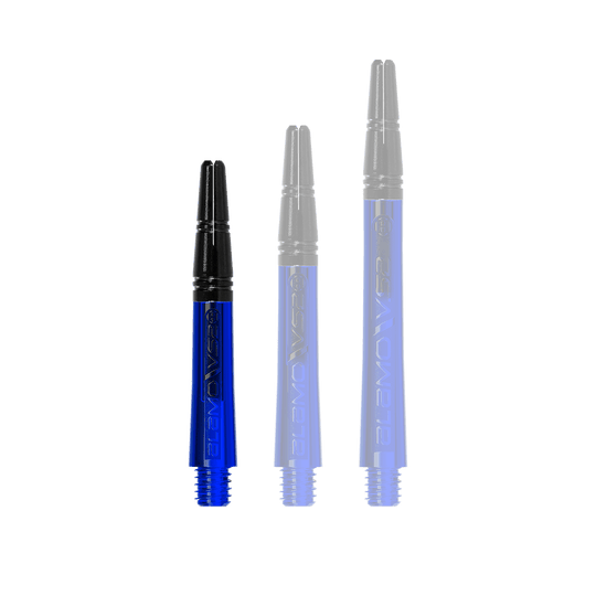 Alberi Alamo VS2 di Harrow - Blu Auf dem Bild sind drei blaue Dartschäfte in unterschiedlichen Längen zu sehen. Die Schäfte haben jeweils ein schwarzes Oberteil und einen Schraubgewinde am unteren Ende.