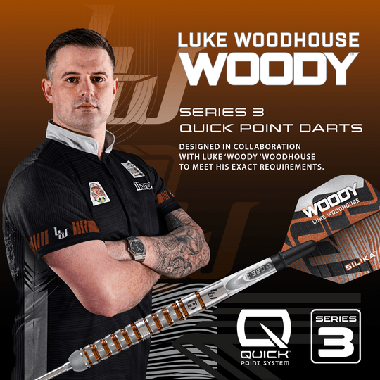 Freccette in acciaio Quick Point Luke Woodhouse Series 3 di Harrow Auf dem Bild befindet sich Harrows Luke Woodhouse Series 3 Quick Point Steeldarts. Es handelt sich um eine hochwertige Steeldart-Serie.