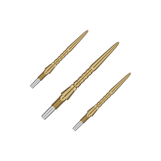 Auf dem Bild sind drei goldene Steeldartspitzen zu sehen. Sie haben ein schlankes, geriffeltes Design mit einem silbernen Schraubgewinde am Ende.