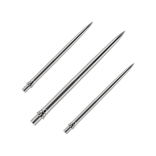 Punte per freccette Caliburn EVO - Lisce - Argento Auf dem Bild sind silberne Dartspitzen in einem Set zu sehen, jeweils 32mm lang. Die Oberfläche der Spitzen ist glatt und sie werden zusammen präsentiert.
