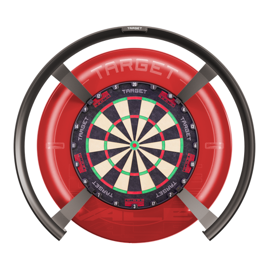 Das Bild zeigt das Produkt "Target OMNI Auto-Scoring-System", ein innovatives elektronisches System für Dartspiele. Es besteht aus einem Dartboard mit einem kreisförmigen automatischen Punktesystem und einer markanten roten Umrandung.