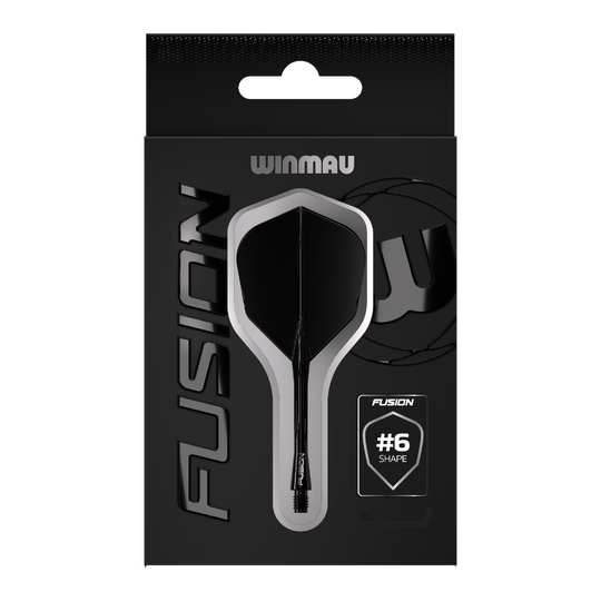 Sistema di alberi di volo Winmau Fusion n. 6 nero Das Bild zeigt eine Verpackung des Winmau Fusion Flight Shaft Systems in Schwarz. Auf der Verpackung steht, dass es sich um die Form Nummer 6 handelt.