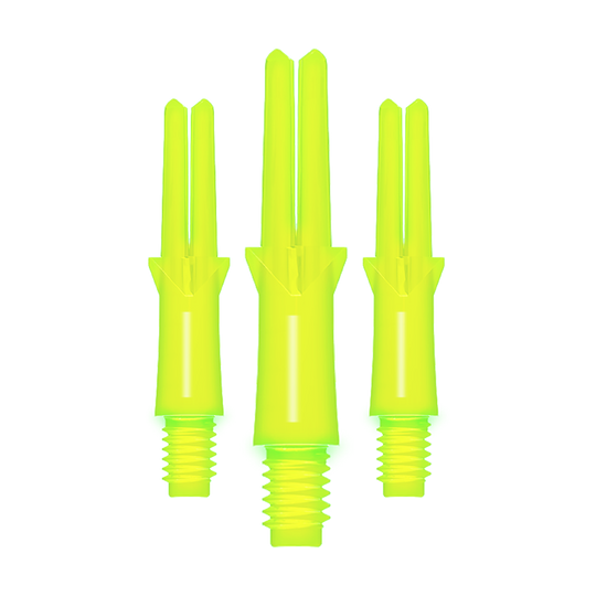 Alberi a L stile L bloccati dritti - Giallo neon Das Bild zeigt drei neon-gelbe, gerade Dart-Schäfte mit Gewinde. Sie sind unterschiedlich lang und stehen nebeneinander aufrecht.