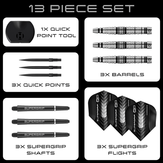 Freccette in acciaio Harrows Supergrip Torpedo Quick Point Harrows Supergrip Torpedo Quick Point Steeldarts sind auf dem Bild zu sehen. Eine Detailansicht hebt den Produktbereich hervor.