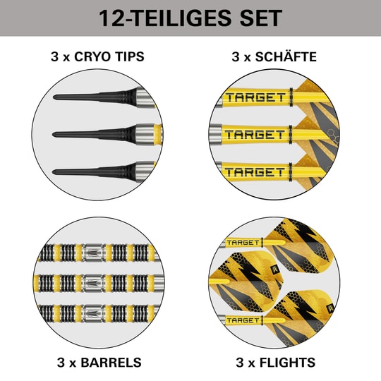 Dardi morbidi Target Buzz 11 Dies ist ein Bild von Target Buzz 11 Softdarts. Es zeigt ein Set Darts für das Softdartspiel.