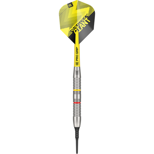 170006_Target_Gabriel_Clemens_Brass_Softdarts_1SOBSzc9ShIOYp Auf dem Bild ist ein Target Gabriel Clemens Brass Softdart mit einem Gewicht von 18g zu sehen. Der Dart hat gelbe und schwarze Akzente und eine silberne Griffzone.