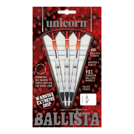 Unicorn Ballista Style 1 freccette morbide Das Bild zeigt die Verpackung der "Unicorn Ballista Style 1 Softdarts". In der Packung befinden sich drei Softdarts mit weiß-roten Flights und silbernen Griffen.