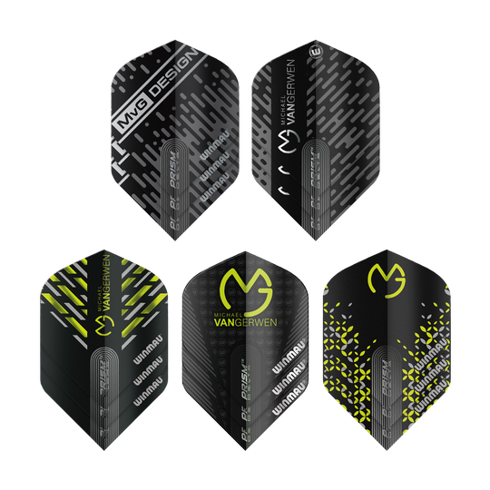 Pacchetto volo Prism MvG Winmau 2 Das Bild zeigt das Produkt "Winmau MvG Prism Flight Pack 2" mit fünf unterschiedlich gestalteten Dart-Flights. Die Designs sind überwiegend schwarz und gelb mit verschiedenen Mustern und dem Michael van Gerwen Logo.